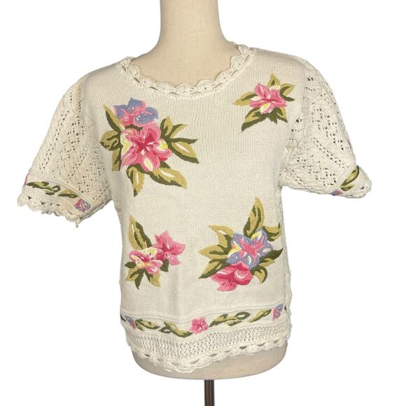 Lizsport Sweater Vintage 90’s Cotton Ramie Short Sleeve Embroidered Medium - Picture 1 of 6